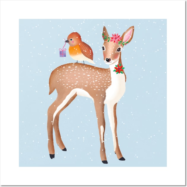 Deer and bird and snowflakes and Christmas gift Wall Art by CalliLetters